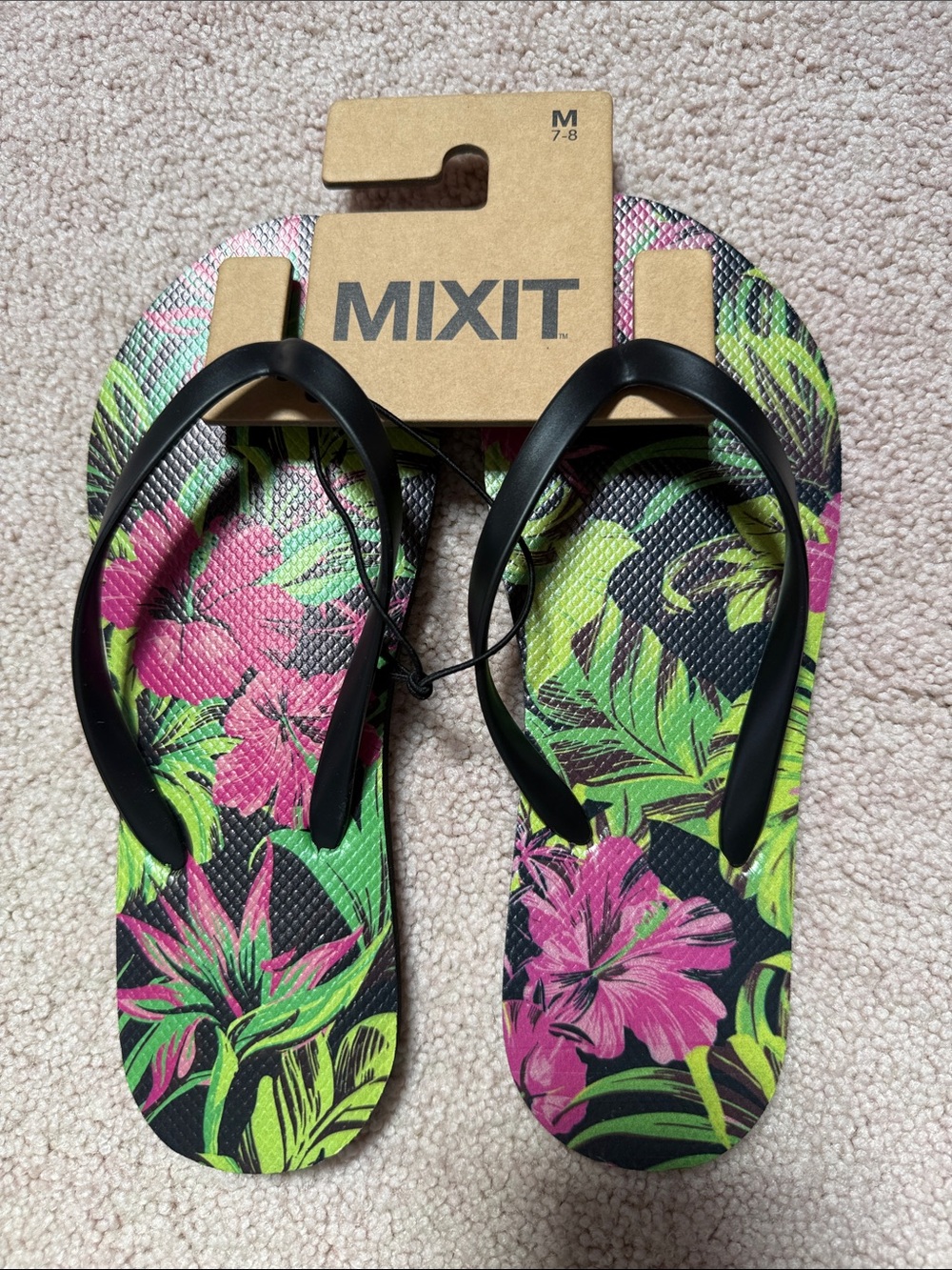 Mixit Black-Strap Sandals with Pink & Green Floral Print